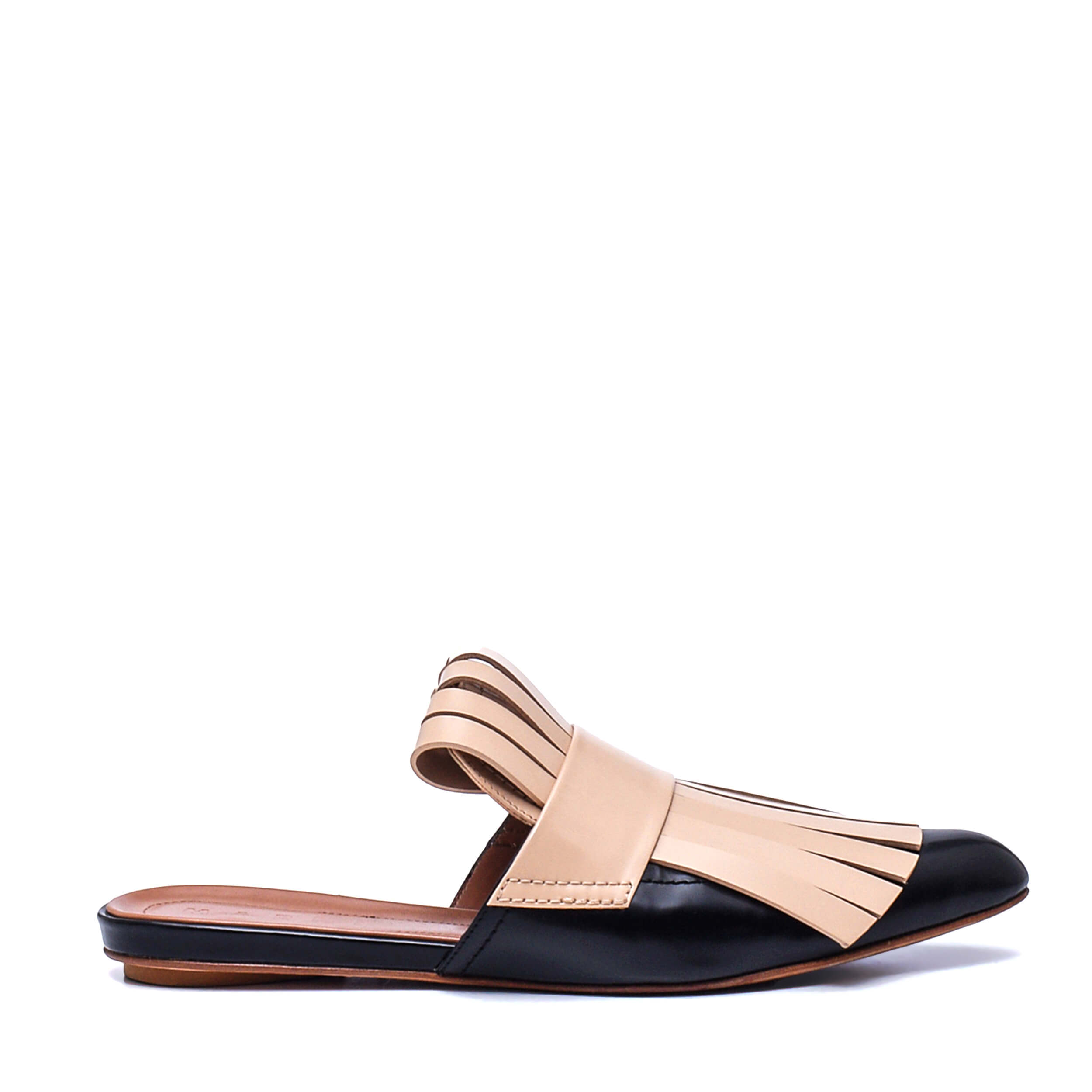 Marni - Sabot Black & Nude Fringe Leather Flat Mules / 39